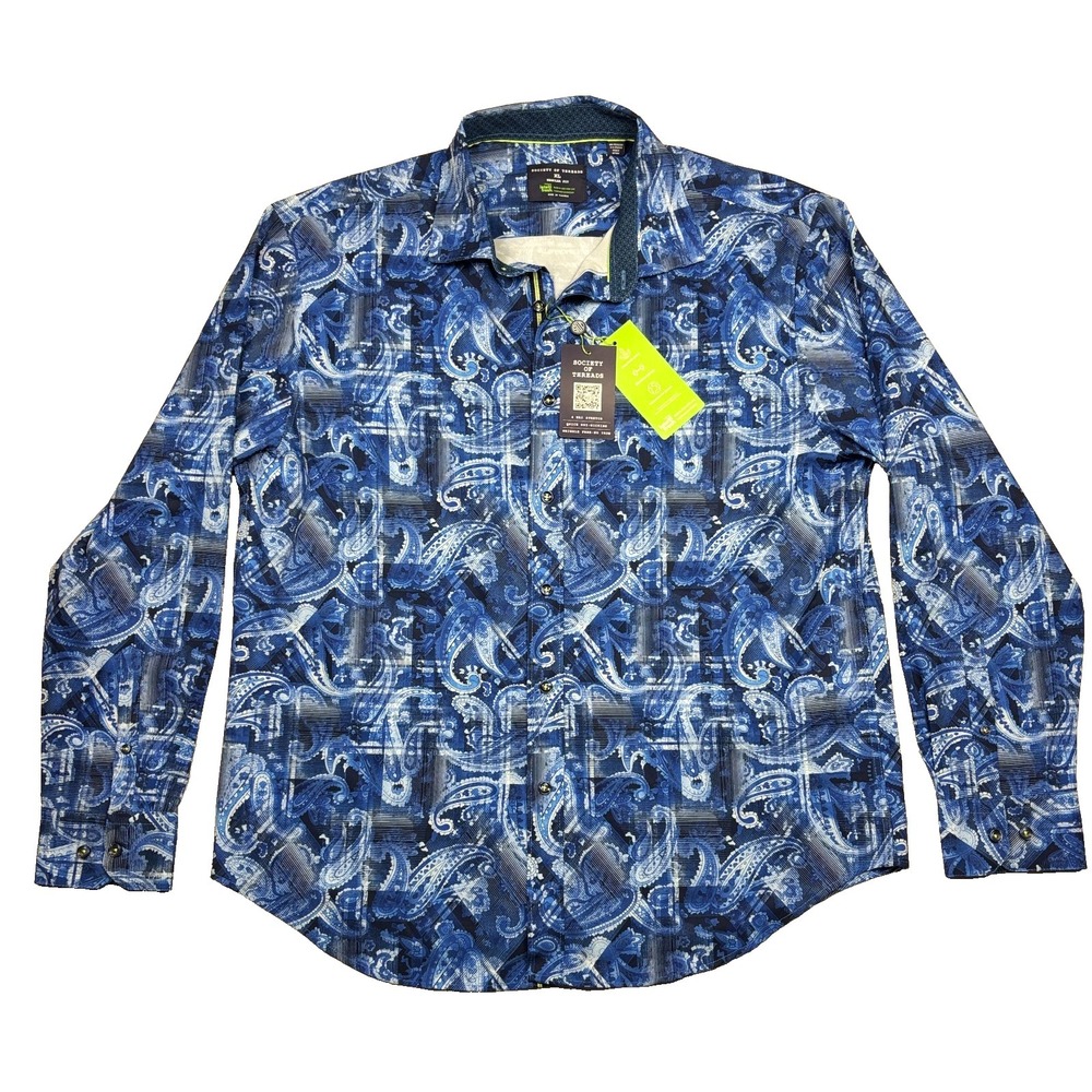 NWT Society of Threads Shirt XL Blue Paisley Performance Stretch IntelliFresh XL